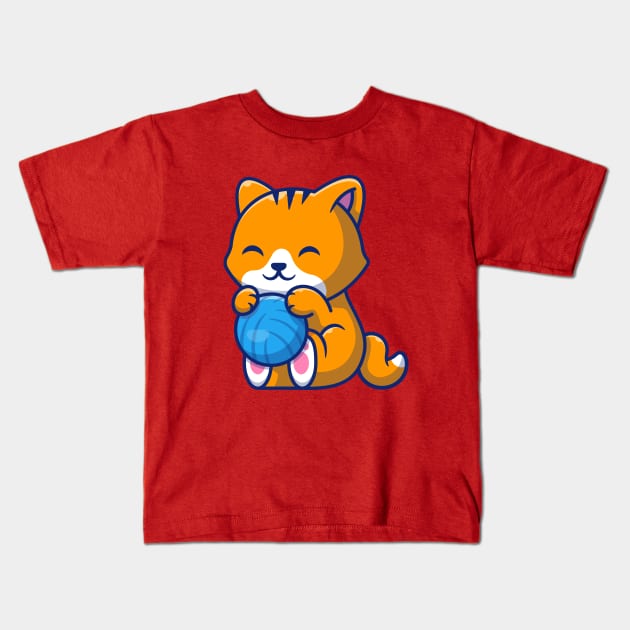 Cute Cat Playing Ball Cartoon (6) Kids T-Shirt by Catalyst Labs